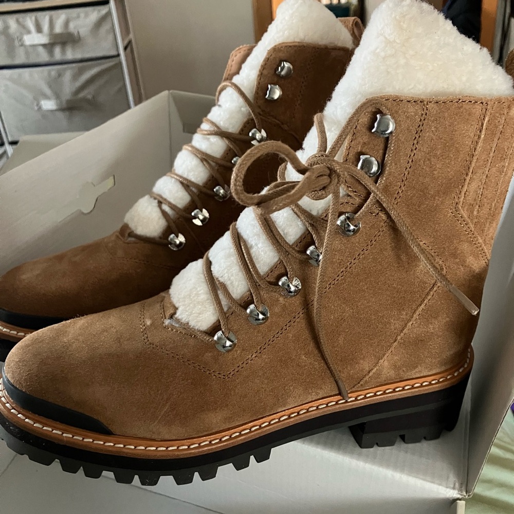 NIB $259 Marc Fisher Izzie suede leather & sheepskin trim lace up boots Lug sole - Picture 15 of 16